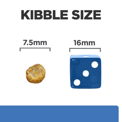 Kibble size comparison showing a kibble piece measuring 7.5mm next to a blue die measuring 16mm for scale.
