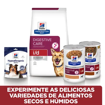 Hill's Prescription Diet Digestive Care i/d ração seca e húmida para cães, Hypoallergenic Treats. Texto: Experimente as deliciosas variedades de alimentos secos e húmidos.