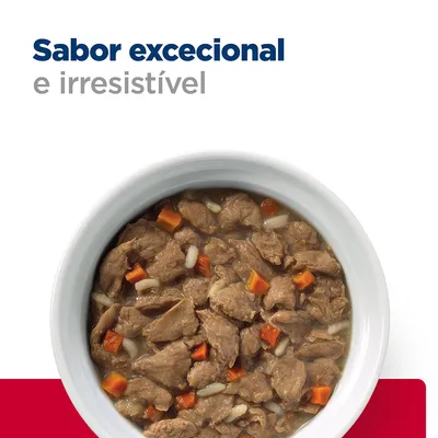 Tigela com comida húmida para animais, visíveis pedaços de carne, arroz e cenoura. Texto: Sabor excecional e irresistível.
