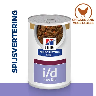 Hill's Prescription Diet i/d low fat natvoer, tekst: spijsvertering, chicken and vegetables. Blik met zichtbaar vlees en groenten.