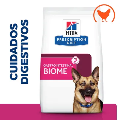 Hill's Prescription Diet Gastrointestinal Biome para cães. Texto visível: CUIDADOS DIGESTIVOS. Saco com imagem de cão e ícone de galinha laranja no canto superior direito.