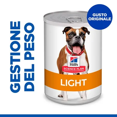 Scatoletta Hill's Science Plan Light per cani, scritte visibili: GESTIONE DEL PESO e GUSTO ORIGINALE. Immagine di un cane sulla confezione. Scatoletta Hill's Science Plan Light per cani, scritte visibili: GESTIONE DEL PESO e GUSTO ORIGINALE. Immagine di un cane sulla confezione.