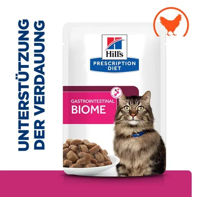 Hill's Prescription Diet Gastrointestinal Biome Katzenfutter mit Unterstützung der Verdauung, Huhn als Zutat sichtbar.