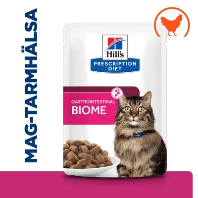 Hill's Prescription Diet Gastrointestinal Biome våtfoder för katt, bild på förpackning med katt och skål med foder, text: MAG-TARMHÄLSA, kycklingsymbol synlig. Hill's Prescription Diet Gastrointestinal Biome våtfoder för katt, bild på förpackning med katt och skål med foder, text: MAG-TARMHÄLSA, kycklingsymbol synlig.