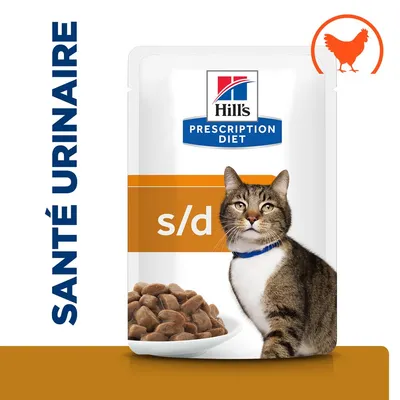 Hill's Prescription Diet s/d, sachet avec image de croquettes et chat, texte visible : SANTÉ URINAIRE, icône poulet orange en haut à droite.