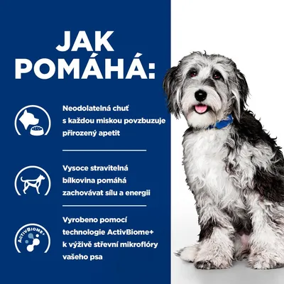 Text v češtine: Jak pomáhá: Neodolatelná chuť s každou miskou povzbuzuje přirozený apetit, vysoce stravitelná bílkovina pomáhá zachovávat sílu a energii, ActivBiome+ pro mikroflóru psa.