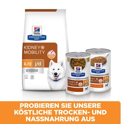 Hill's Prescription Diet Kidney + Mobility k/d j/d Trocken- und Nassnahrung, von Tierärzten empfohlen. Probieren Sie unsere köstliche Trocken- und Nassnahrung aus.