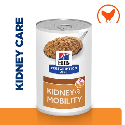 Hill's Prescription Diet Kidney + Mobility консервирана храна, надпис KIDNEY CARE отляво, икона на пиле горе вдясно, изображение на храната в лъжица.