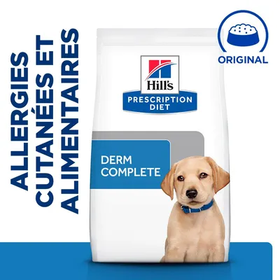 Hill's Prescription Diet Derm Complete food for skin and food allergies. Text in French: Allergies cutanées et alimentaires. Label: Original.