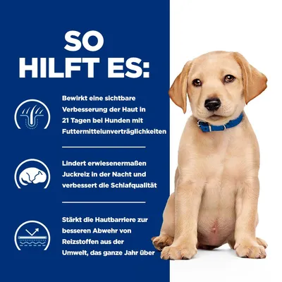 So hilft es: Verbesserung der Haut in 21 Tagen bei Hunden mit Futterunverträglichkeiten, lindert Juckreiz, stärkt Hautbarriere gegen Reizstoffe aus der Umwelt.