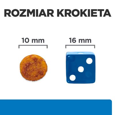 Rozmiar krokieta: średnica 10 mm, porównanie z kostką do gry 16 mm. Widoczne napisy: 'ROZMIAR KROKIETA', '10 mm', '16 mm'.
