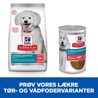 Hill's Science Plan Speciality Hypoallergenic hundefoder, tørfoder og vådfoder med laks, no grain. Prøv vores lækre tør- og vådfodervarianter.