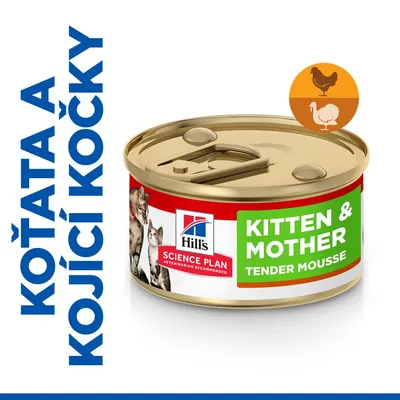 Konzerva Hill's Science Plan Kitten & Mother Tender Mousse, obrázok mačky a mačiatka, text: KITTEN & MOTHER TENDER MOUSSE, symboly kura a morka, nápis KOŤATA A KOJÍCÍ KOČKY.