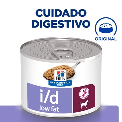 Lata de Hill's Prescription Diet i/d low fat para perros, texto visible: 'Cuidado digestivo', 'Original', imagen de comida húmeda y logotipo ActivBiome+ en el envase.