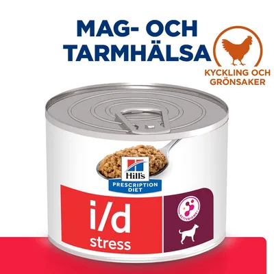 Hill's Prescription Diet i/d stress våtfoder för hund, mag- och tarmhälsa, kyckling och grönsaker, ActivBiome+, text och symboler synliga på burken.