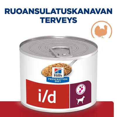 Hill's Prescription Diet i/d -koiran märkäruokapurkki, etiketti: ruoansulatuskanavan terveys, kuvake kana, ActivBiome+ ja koirasiluetti näkyvissä. Hill's Prescription Diet i/d -koiran märkäruokapurkki, etiketti: ruoansulatuskanavan terveys, kuvake kana, ActivBiome+ ja koirasiluetti näkyvissä.