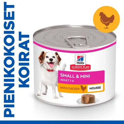 Hill's Science Plan Small & Mini Adult 1–6 with Chicken Mousse -koiran märkäruoka, purkki ja etiketti. Teksti: PIENIKOKOISET KOIRAT. Hill's Science Plan Small & Mini Adult 1–6 with Chicken Mousse -koiran märkäruoka, purkki ja etiketti. Teksti: PIENIKOKOISET KOIRAT.