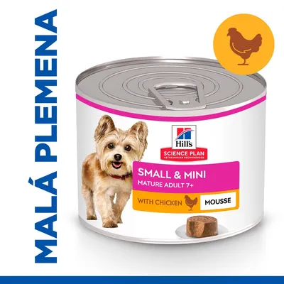 Konzerva Hill's Science Plan Small & Mini Mature Adult 7+ with Chicken Mousse, obrázok psa, text MALÁ PLEMENA, symbol kurčaťa na žltom pozadí. Konzerva Hill's Science Plan Small & Mini Mature Adult 7+ with Chicken Mousse, obrázok psa, text MALÁ PLEMENA, symbol kurčaťa na žltom pozadí.