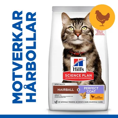 Hill's Science Plan Hairball & Perfect Coat Adult 1+ med kyckling, kattmatspåse. Text: Motverkar hårbollar. Speciality Hairball & Perfect Coat. Bild på katt och kycklingsymbol. Hill's Science Plan Hairball & Perfect Coat Adult 1+ med kyckling, kattmatspåse. Text: Motverkar hårbollar. Speciality Hairball & Perfect Coat. Bild på katt och kycklingsymbol.