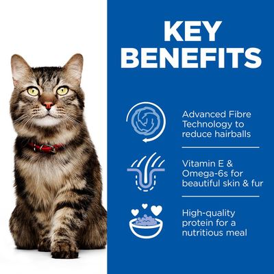 KEY BENEFITS. Advanced Fibre Technology to reduce hairballs. Vitamin E & Omega-6s for beautiful skin & fur. High-quality protein for a nutritious meal. Tekst på engelsk.
