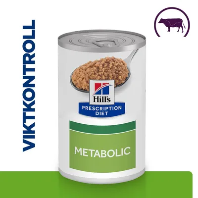 Hill's Prescription Diet Metabolic våtfoderburk med kött, texten VIKTKONTROLL och en ikon av ko syns på bilden.