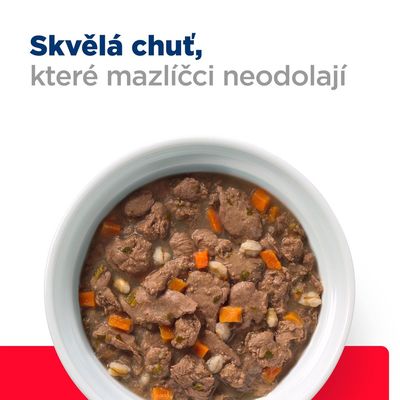 Miska s masovým krmivem a zeleninou, nad ní text: Skvělá chuť, které mazlíčci neodolají.