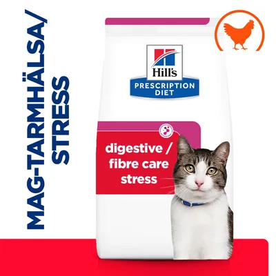 Hill's Prescription Diet kattmat, text: digestive / fibre care stress. Text till vänster: MAG-TARMHÄLSA/STRESS. Bild på katt och orange hönssymbol synlig. Hill's Prescription Diet kattmat, text: digestive / fibre care stress. Text till vänster: MAG-TARMHÄLSA/STRESS. Bild på katt och orange hönssymbol synlig.
