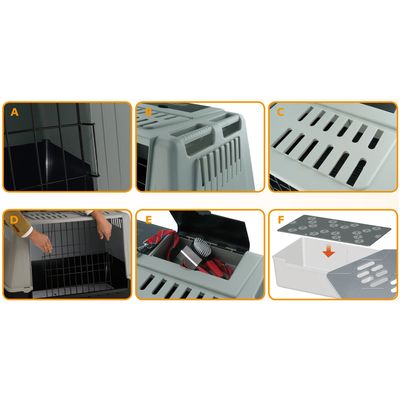 Detalji transportera za kućne ljubimce: metalna vrata, ručke za nošenje, ventilacijski otvori, spremnik s četkom i povodcem, umetanje podloge u unutrašnjost.