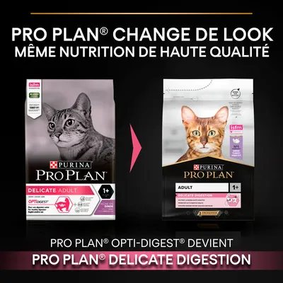Annonce du changement de packaging : PRO PLAN Opti-Digest devient PRO PLAN Delicate Digestion, même nutrition de haute qualité pour chats adultes 1+, marque Purina Pro Plan visible sur les deux paquets.