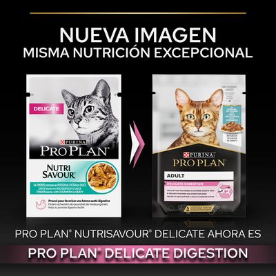 Cambio de imagen del producto Purina Pro Plan para gatos: Nutrisavour Delicate ahora es Pro Plan Adult Delicate Digestion. Misma nutrición excepcional según el texto visible.