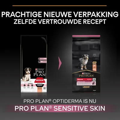 Purina Pro Plan Optiderma Medium Puppy krijgt nieuwe verpakking en heet nu Pro Plan Sensitive Skin. Tekst: prachtige nieuwe verpakking, zelfde vertrouwde recept.