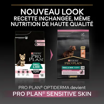 Nouveau look, recette inchangée. PURINA PRO PLAN Small & Mini Puppy Sensitive Skin : ancien nom Optiderma devient Sensitive Skin. Deux paquets visibles avec chiens illustrés.