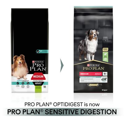 Förpackningsändring: Purina Pro Plan Medium Adult Sensitive Digestion hundfoder, tidigare Optidigest. Bild på gammal och ny förpackning med synliga produktnamn och märkningar.