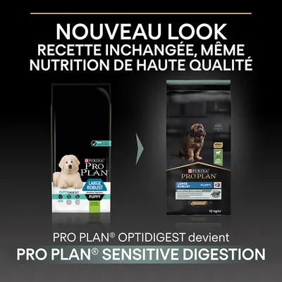 Nouveau look, recette inchangée. PRO PLAN OPTIDIGEST devient PRO PLAN SENSITIVE DIGESTION pour chiot large robust, 12 kg. Deux sacs affichés avec chiens différents.