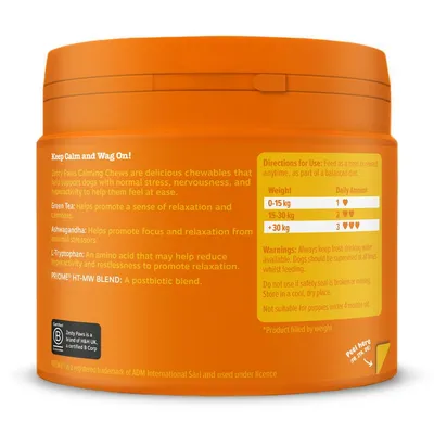 Feeding guide for chews: 1 chew daily for 0-15kg, 2 for 15-30kg, 3 for over 30kg. Key ingredients listed include green tea, ashwagandha, and L-tryptophan. Warnings and usage directions shown.