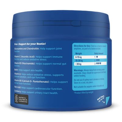 Feeding guide shows daily amounts by weight: 0-15kg, 1 piece; 15-30kg, 2 pieces; over 30kg, 3 pieces. Key ingredients and their health benefits are listed. Warnings and usage directions included.
