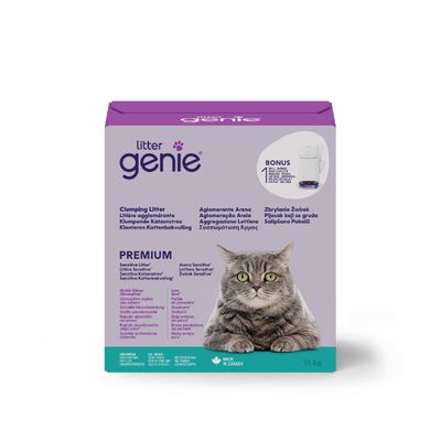 litter genie Klumpende kattegrus Premium Sensitive, hurtig lugtindkapsling, lav støvemission, uden duft, Made in Canada, bonus: 1 genopfyldningspakke medfølger