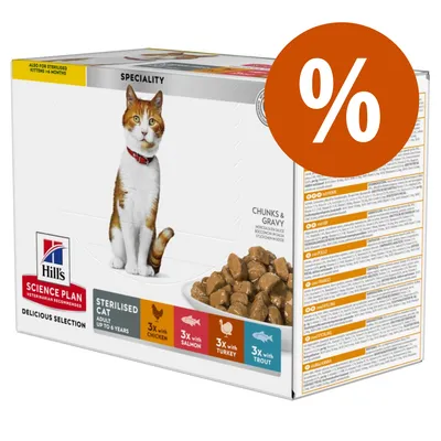 Hill's Science Plan Sterilised Cat Delicious Selection, adult fino a 6 anni, 3x pollo, 3x salmone, 3x tacchino, 3x trota. Simbolo percentuale arancione in alto a destra. Hill's Science Plan Sterilised Cat Delicious Selection, adult fino a 6 anni, 3x pollo, 3x salmone, 3x tacchino, 3x trota. Simbolo percentuale arancione in alto a destra.