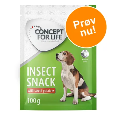 CONCEPT FOR LIFE Insect Snack with sweet potatoes, 100 g. Prøv nu! No added grains. Billede af hund på emballagen.
