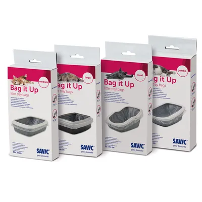 Četiri pakiranja Savic Bag it Up vrećica za pijesak, veličine medium, large, maxi i jumbo. Na svakom pakiranju slika mačke i dimenzije: 42×32 cm, 50×40 cm, 55×43 cm.