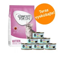 Balenie Concept for Life Kitten suché krmivo a šesť konzerv Cosma Nature Kitten. Oranžový kruh s textom: Teraz vyskúšajte!