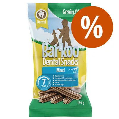 Barkoo Dental Snacks Maxi per cani oltre 25 kg, 7 stick, 180 g. Testo visibile: ipoallergenico, sviluppato con veterinari, basso contenuto di grassi, senza zuccheri aggiunti, offerta %.