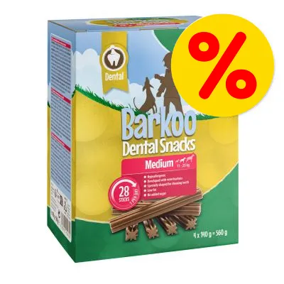 Barkoo Dental Snacks Medium, 28 sticks, specially shaped for cleaning teeth, low fat, no added sugar. Large yellow percentage discount symbol shown.