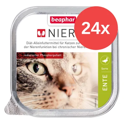 beaphar NIER, alimento dietético para gatos con función renal reducida, sabor ENTE, reducido en fósforo, pack de 24 unidades. Texto en alemán visible en el envase.