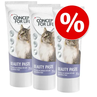 Concept for Life Beauty Paste, 75g, dla kotów z gęstą sierścią lub wrażliwą skórą. Widoczny czerwony znak procentu na promocję.