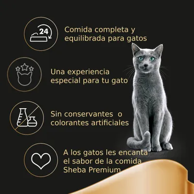 Comida completa y equilibrada para gatos. Una experiencia especial para tu gato. Sin conservantes o colorantes artificiales. A los gatos les encanta el sabor de la comida Sheba Premium.