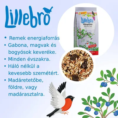 Lillebro vadmadáreleség. Remek energiaforrás, gabona, magvak és bogyósok keveréke. Minden évszakra, háló nélkül, madáretetőbe, földre vagy madárasztalra.