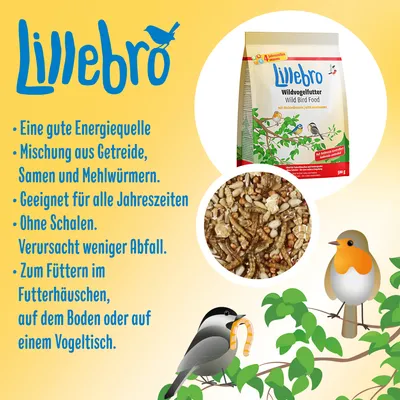Lillebro hrana za divje ptice: mešanica žit, semen in mokarjev. Primerna za vse letne čase, brez lupin, manj odpadkov. Za hranjenje v ptičji hišici, na tleh ali mizi.