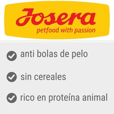 Josera petfood with passion. Anti bolas de pelo, sin cereales, rico en proteína animal.