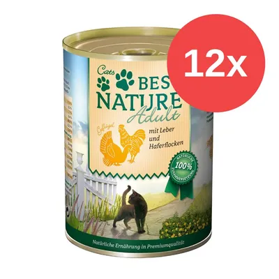 Cats Best Nature Adult mit Leber und Haferflocken, 12x. Widoczny napis: 100 % natürliche Zusammensetzung. Opakowanie puszki z grafiką kota i kurczaka.